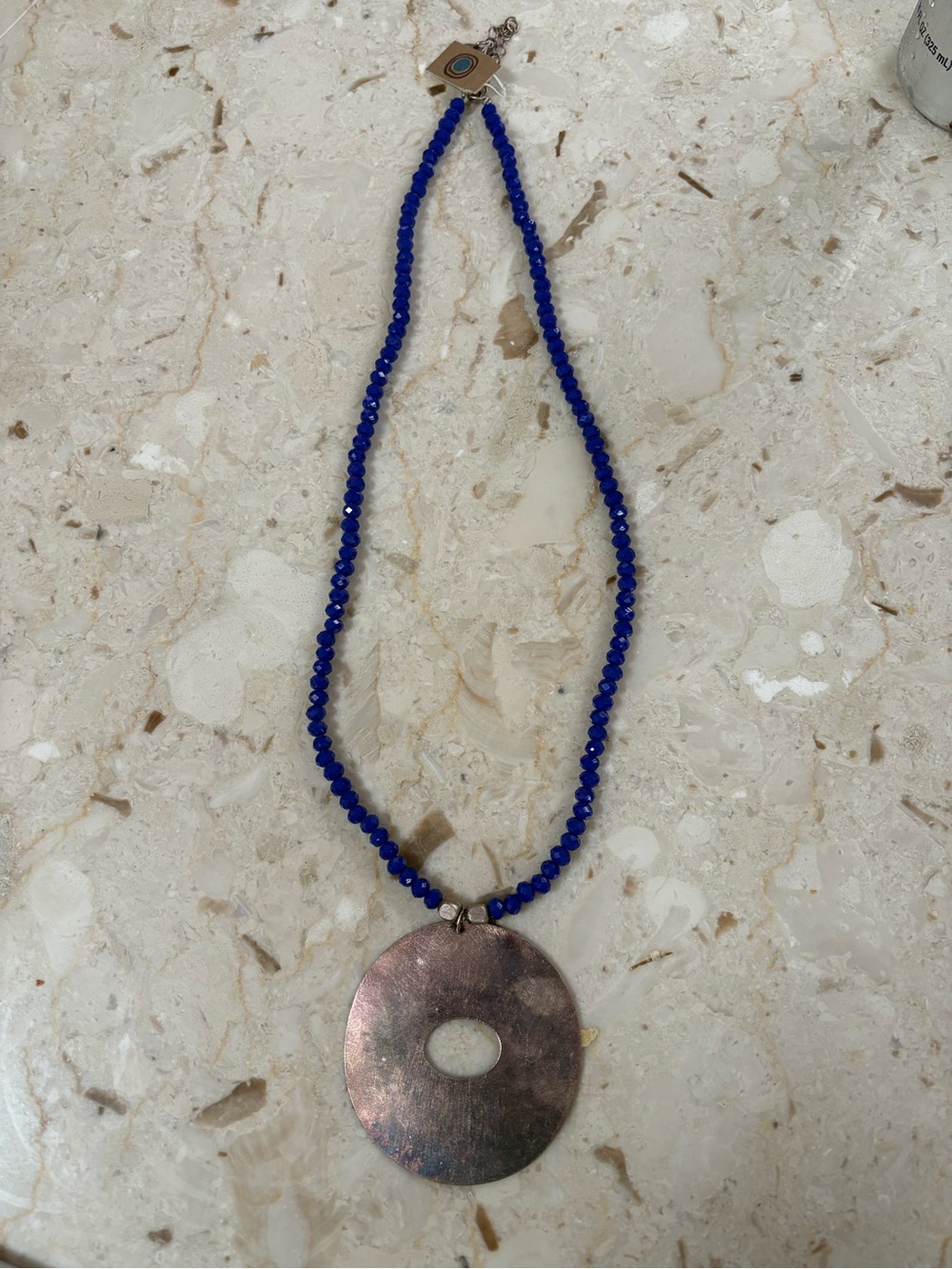 Aura Blue Beaded Necklace with Round Metal Pendant